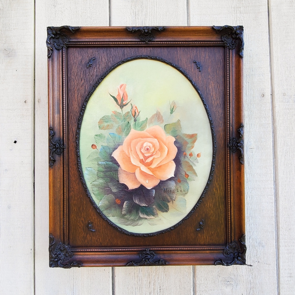 Vintage Signed Mid Century Original Wooden Framed Flower Oil Painting Artwork